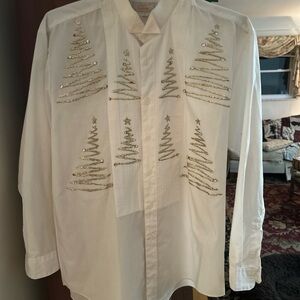 Festive White Tuxedo Button Down Shirt with Gold Tree Accents